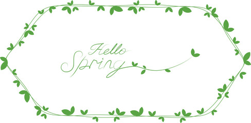 spring green leaves background. Hello spring lettering and green leaves decoration illustration. simple spring botanical illustration for seasonal promotion, event background and graphic. EPS 10