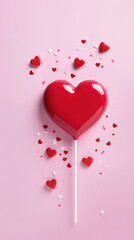 Heart shaped lollipop with confetti on color background, top view.