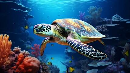 Naklejka na ściany i meble Underwater sea with sea turn turtle shell photography image Ai generated art