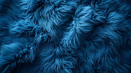 Top view of blue fur texture, resembling a sheepskin background. Shaggy fur pattern in shades of blue, providing a close-up view of wool texture.