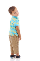 Child, portrait and studio or white background or innocent kindergarten, mockup space or fashion. Male person, model and face of cute kid as preschool student for youth growing, toddler or expression