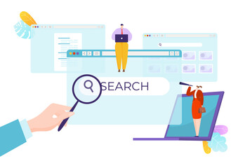Online search concept with characters looking at computer screen and magnifying glass. Digital marketing, SEO and website analytics vector illustration