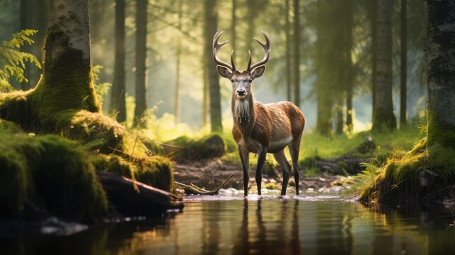 White tailed deer standing in a forest creek looking intently at the camera. Hunting outdoor wallpaper.