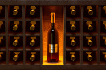 Single Illuminated Wine Bottle Standing Out in Dark Wooden Cellar