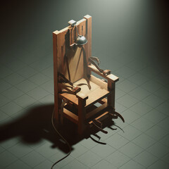 Isolated Vintage Electric Chair in Ominous Shadowy Interrogation Room