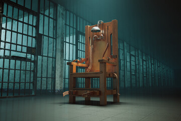 Eerie Wooden Electric Chair in a Dimly Lit Foreboding Prison Cell