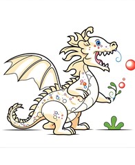 Ink drawing coloring page for children, a friendly dragon blowing Bubbles in the jungle for coloring for children, black and white, low level of detail, thick outlines, isolated, white background,