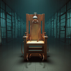 Ominous Wooden Electric Chair in a Dim, Foreboding Prison Setting - obrazy, fototapety, plakaty