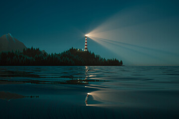 Majestic Lighthouse Beam Illuminating a Tranquil Nighttime Seascape