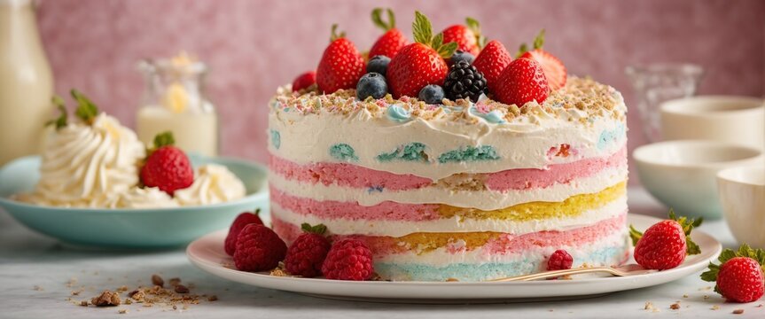cake with candles and berries, Homemade cake with cream and berries on a blue background. Selective focus.