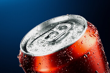 Refreshing Cold Red Soda Can with Condensation on Vibrant Blue