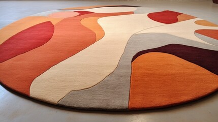 A textured wool rug in warm earthy tones of terracotta and ochre on a sandy beige surface