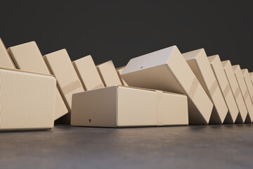 Expansive Row of Cardboard Boxes Toppling in a Domino Effect on White