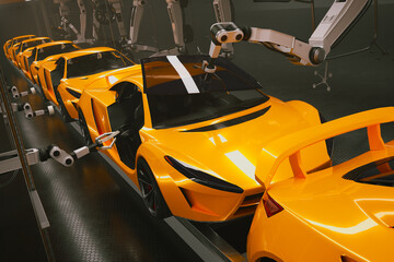 Automated Robotic Assembly Line Producing High-Performance Yellow Sports Cars