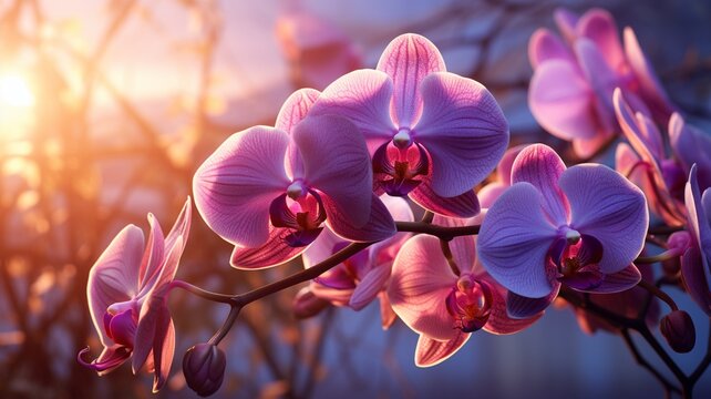 Beautiful orchid flowers purple colors wallpaper image Ai generated art