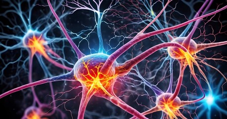 Close up High-Resolution Illustration of of Neurons in the Human Brain. Glowing neurons background. Generative AI.