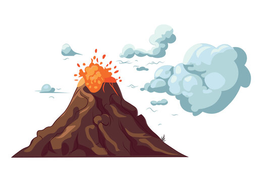 Volcano of colorful set. This whimsical illustration captures the playful side of a volcano's eruption, complete with a charming cloud of smoke on a clean white canvas. Vector illustration.