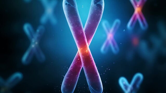 X and Y Chromosome on blue background. Chromosomes with DNA helix inside under microscope. Human chromosome. Illustration X and Y chromosome. Encoded genetic code. mp4