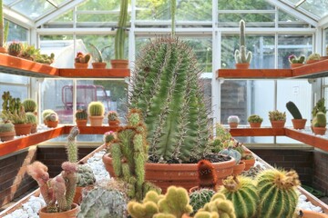 Various species of cacti in the greenhouse. Cactus garden