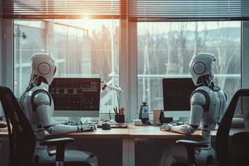 A humanoid robot works in an office on a computer showcasing the utility of automation in repetitive and tedious tasks. - obrazy, fototapety, plakaty