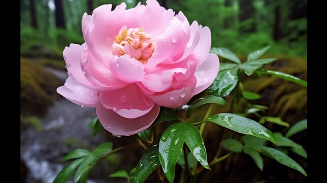 Beautiful peony hidden forest after flowers image Ai generated art