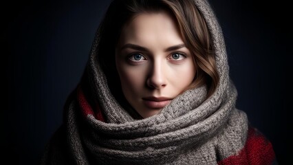 A woman with blue eyes and brown hair is wearing a gray and red scarf wrapped around her head.