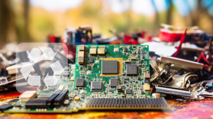 Waste full of electronics, recycling, E-waste heap from discarded laptop parts, electronics industry, eco, sorting and disposal of electronic waste concept, blurred image