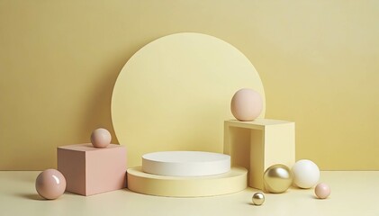 Podium with geometrical figures and balls for product promotion