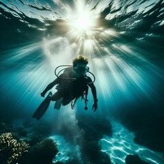 A scuba diver swimming towards the surface of the water with a sun beam shining through the water...