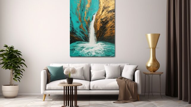 Beautiful waterfall painting canvas style turquoise image Ai generated art