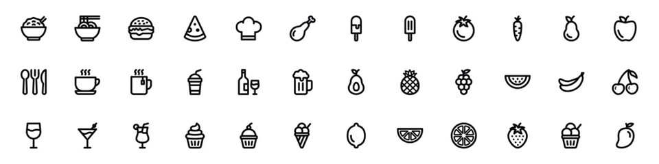 Food and drinks icon. Restaurant line icons set for web and mobile apps - obrazy, fototapety, plakaty