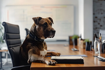 Funny dog in meeting room. Business dog in office workplace. - obrazy, fototapety, plakaty