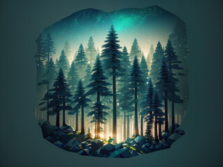 A Pine Forest Landscape Magic At Night Tshirt Design Ai Generated Picture