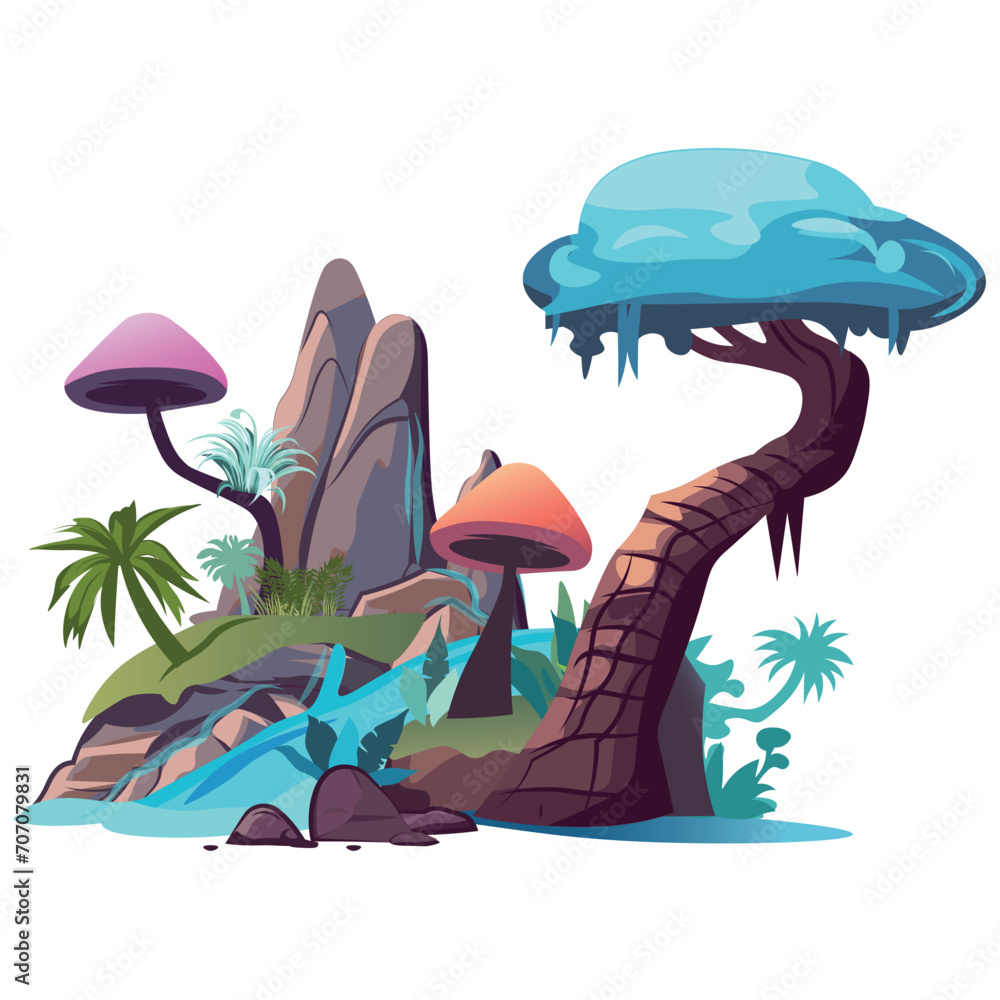 Poster jungle house of colorful set. presentation of the dreamscape of lush jungle and whimsical architectu