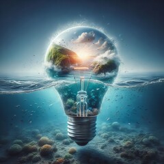 An underwater scene with a lightbulb containing an island with clouds, sun, and ocean inside it.