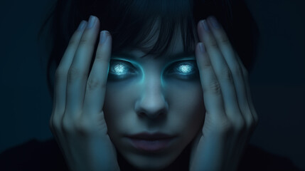 Frau hält sich mit beiden Händen den Kopf. Grün leuchtende Augen wie bei einem Bildschirm. Konzept: Manipulation durch Medien psychisch verarbeiten. Burnout / Nervenzusammenbruch.   - obrazy, fototapety, plakaty