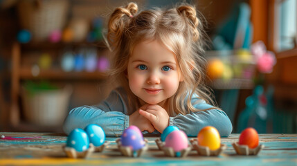 Cute little girl painting Easter eggs at table indoors.