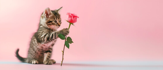 Cute fluffy kitten holding a red rose in her paw on a blurred pastel background. - obrazy, fototapety, plakaty