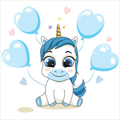 Cute unicorn boy with balloons. Happy Valentine Day