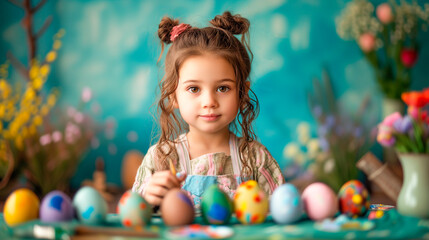 Fototapeta na wymiar Cute curly-haired girl coloring Easter eggs at home at the table. The family is getting ready to celebrate Easter.