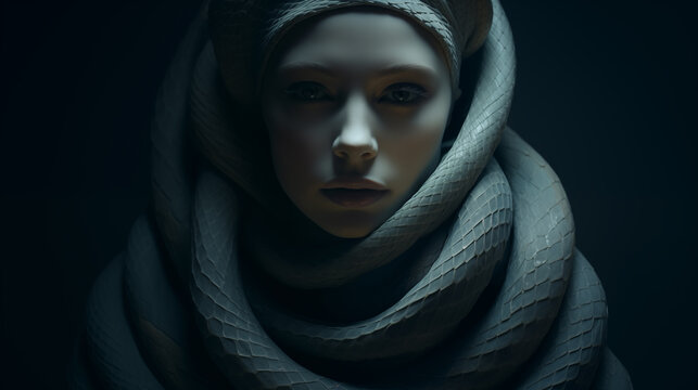 Düsteres Portrait einer Frau im Schatten mit schlangenartigem Schaal gekleidet. Surreale Illustration in dunklen kalten Farben.