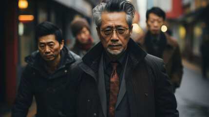 Asian man, portrait and mafia boss or senior, entrepreneur and bodyguards in city street. Serious, looking and urban scene with male wearing a black clothes for leadership, gangster and success