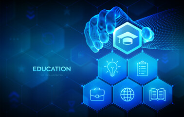 Education. Innovative online E-learning concept. Webinar, teaching, online training courses. Skill development. Wireframe hand places an element into a composition visualizing Learning. Vector. - obrazy, fototapety, plakaty