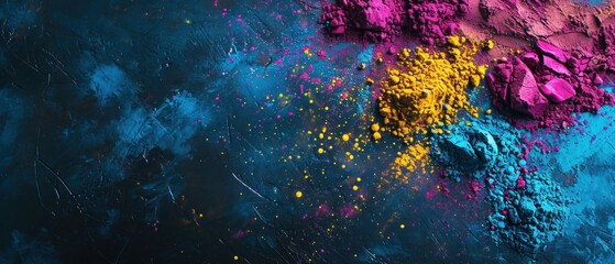 Colorful holi powder in bowls on color background with copy space. top view. Holi Celebration. Holi Concept. Indian Concept. - obrazy, fototapety, plakaty