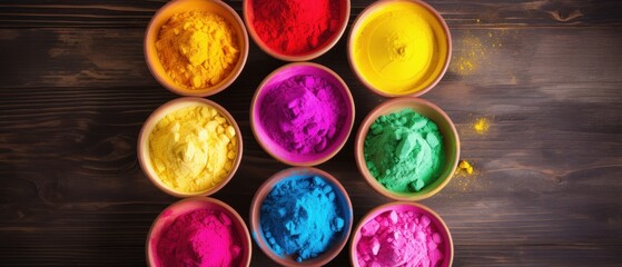 Colorful holi powder in bowls on color background with copy space. top view. Holi Celebration. Holi Concept. Indian Concept.