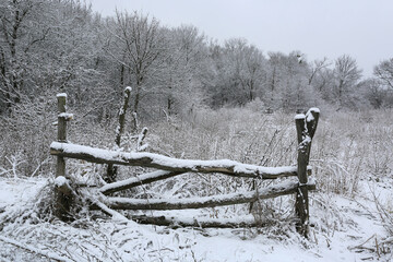 wooden fence on forest pasture in winter - 707083087
