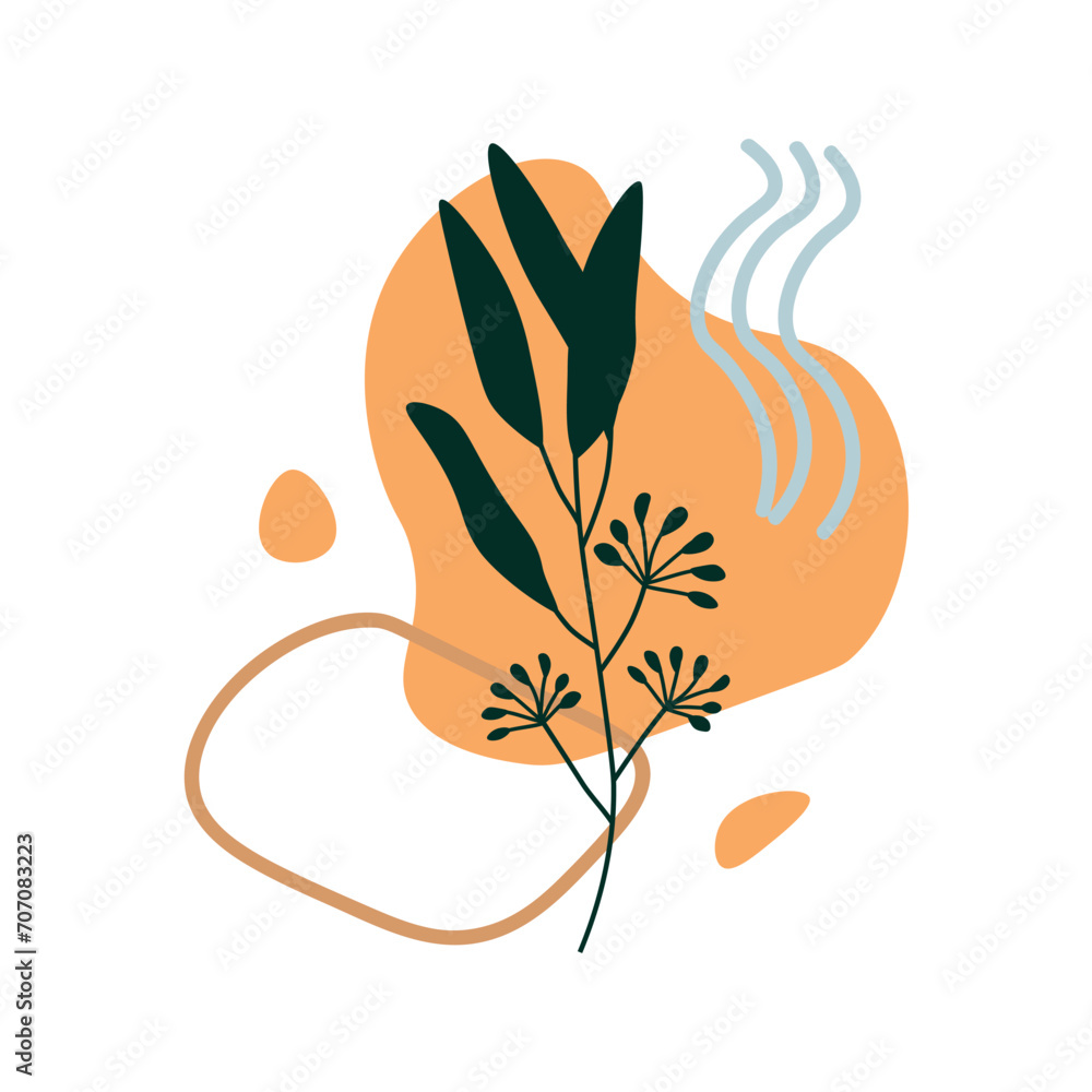 Poster botanic element of hand draw set. in this abstract image a delicate black line branch meets pastel o