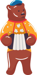 Brown bear in a yellow shirt playing the accordion. Cartoon bear musician with a blue hat and suspenders. Music and fun concept vector illustration.