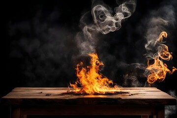 wooden table with Fire burning at the edge of the table, fire particles, sparks, and smoke in the air, with fire flames on a dark background to display products