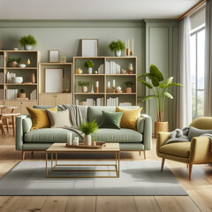 A modern living room with olive green walls